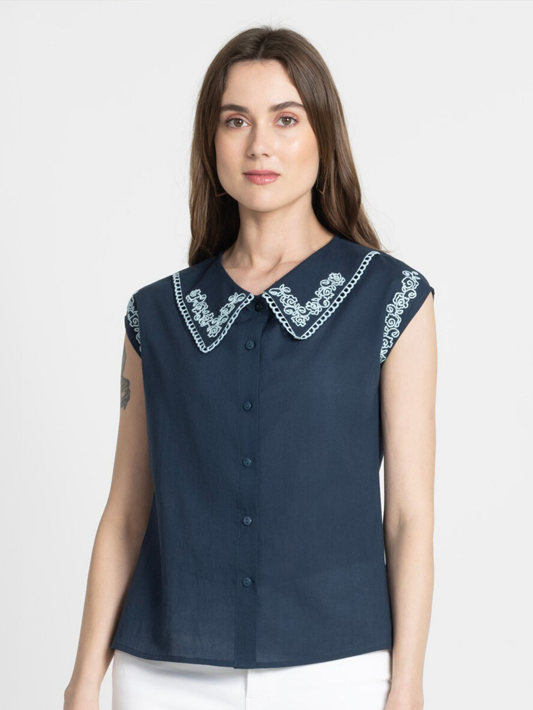 

SHAYE Embroidered Peter Pan Collar Cotton Shirt Style Top, Navy blue