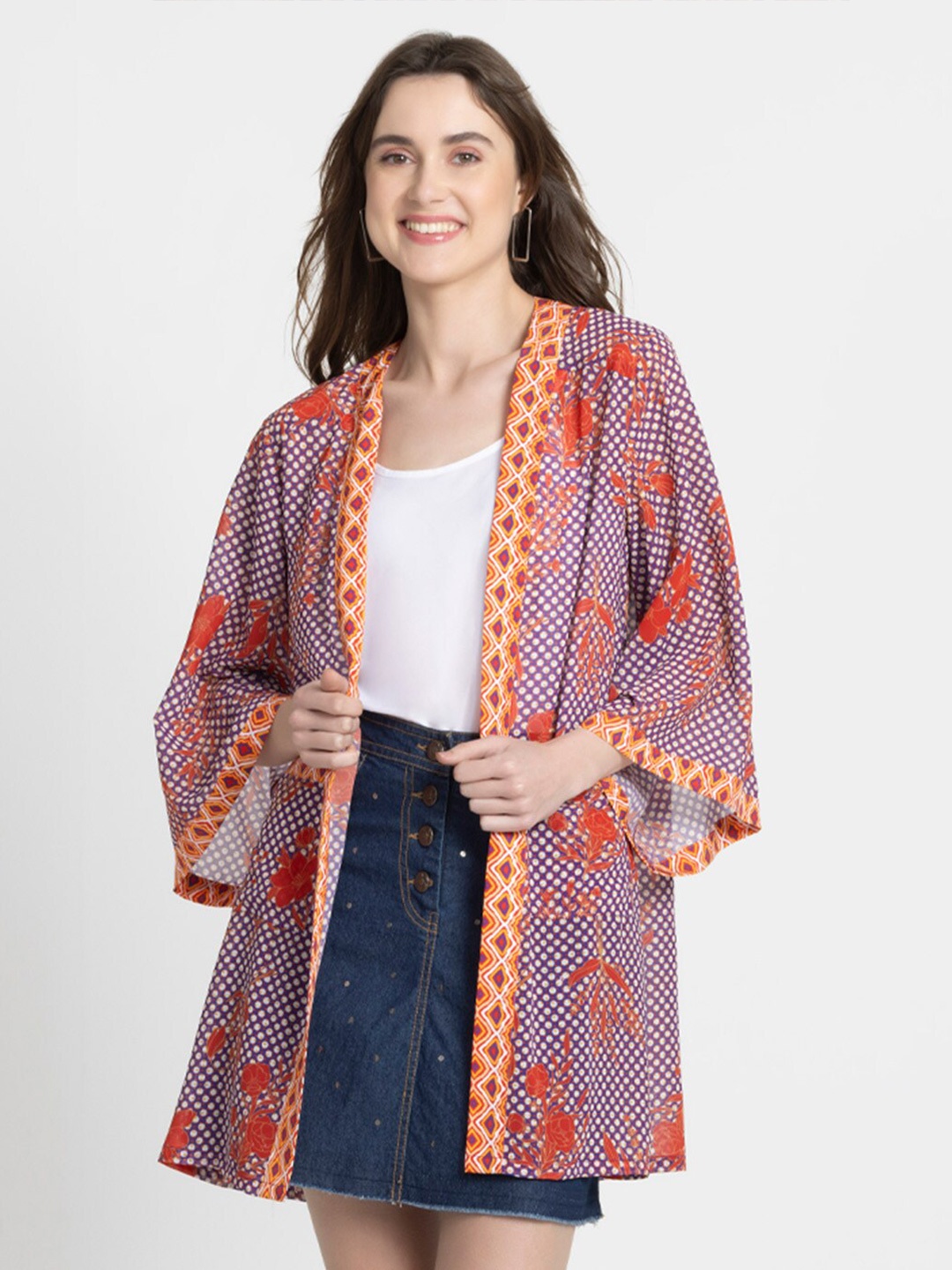 

SHAYE Floral Printed Longline Georgette Shrug, Blue