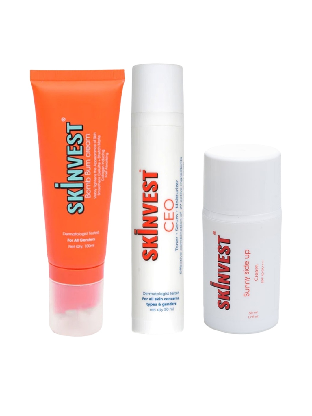 

SKINVEST Bomb Bum Body Cream-100ml-CEO Serum-Sunny Side Up Sunscreen - 50ml Each, White