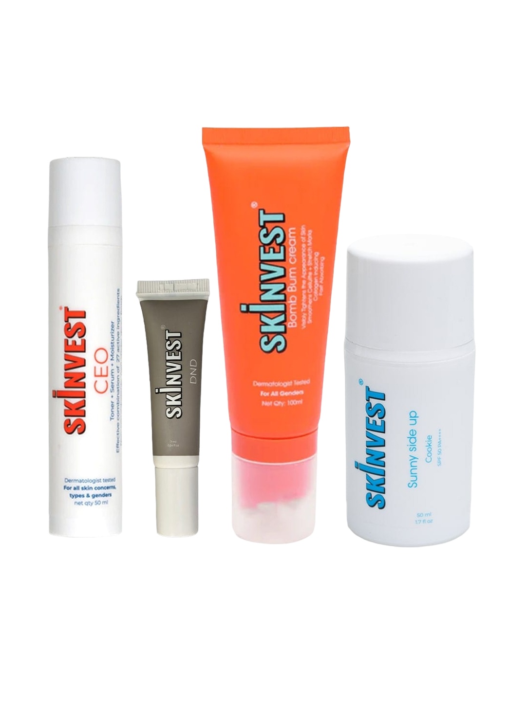 

SKINVEST Bomb Bum Body Cream-CEO Serum-Sunny Side Up Cookie Sunscreen-DND Under Eye Cream, White