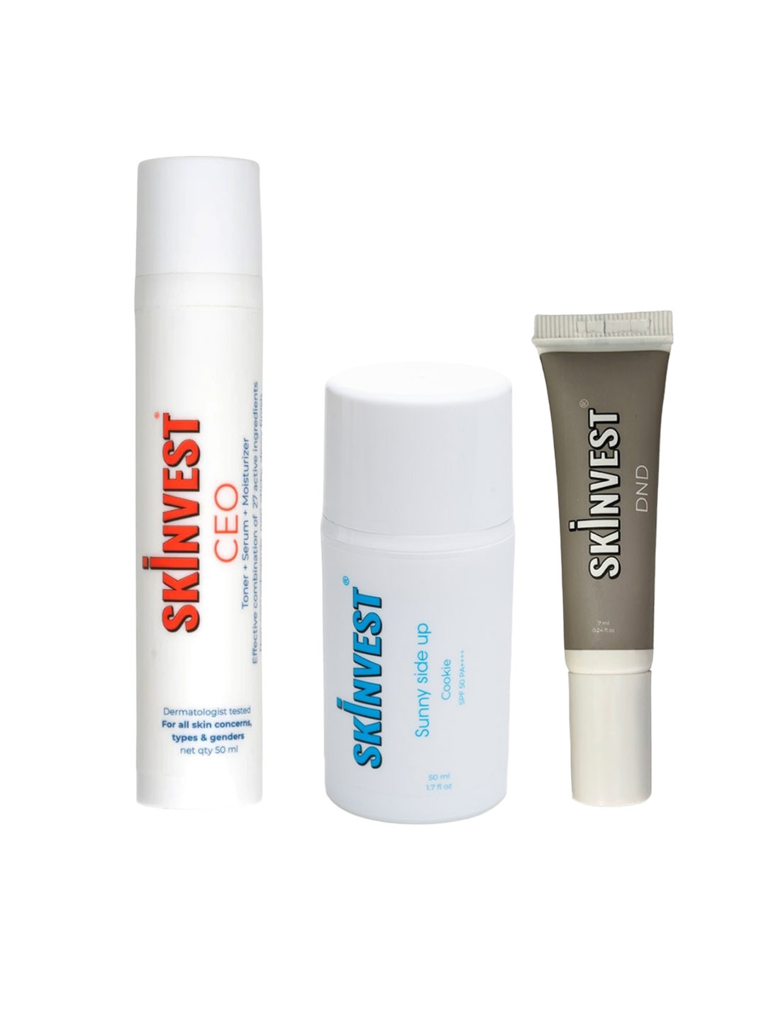 

SKINVEST Set of CEO Serum & Sunny Side Up Cookie Sunscreen with DND Under Eye Cream, White