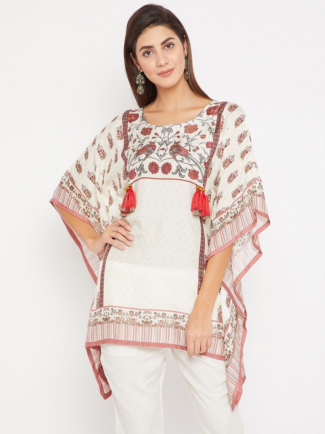 

The Kaftan Company Floral Printed Flared Sleeve Cotton Kaftan Kurti, White