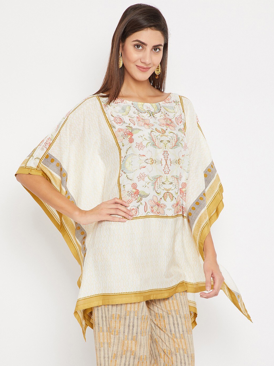 

The Kaftan Company Floral Printed Flared Sleeve Cotton Kaftan Kurti, White