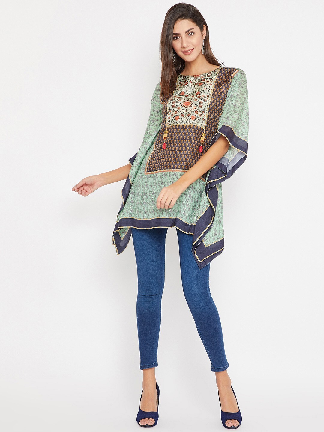 

The Kaftan Company Floral Printed Boat Neck Flared Sleeve Cotton Kaftan Kurti, Blue