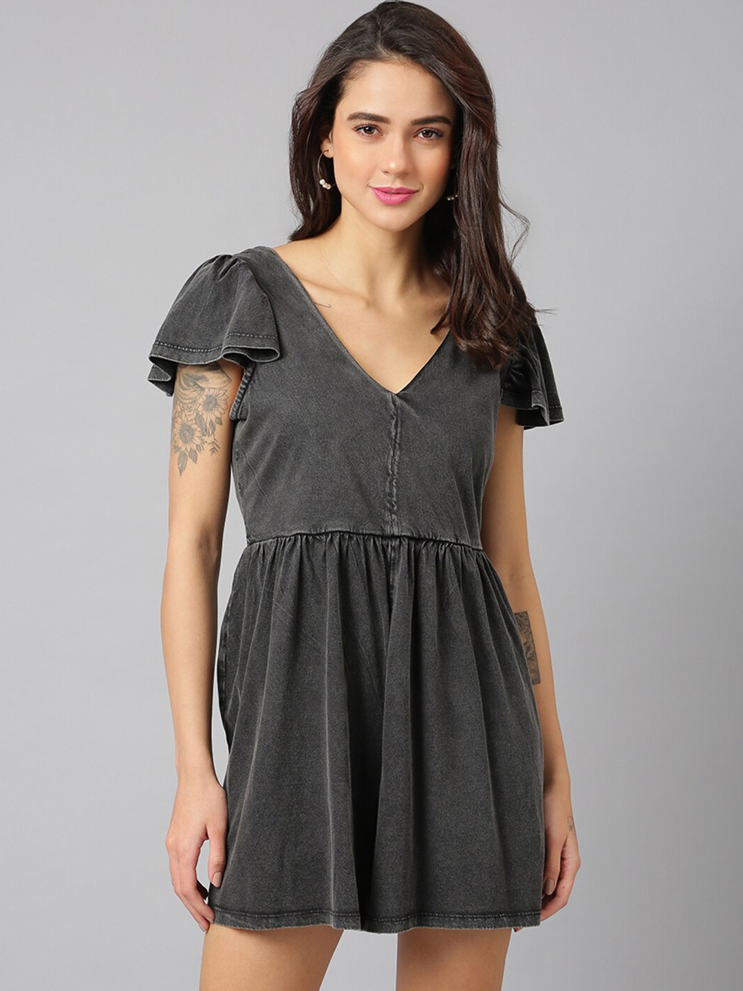 

ANAI V-Neck Cotton Playsuit, Grey