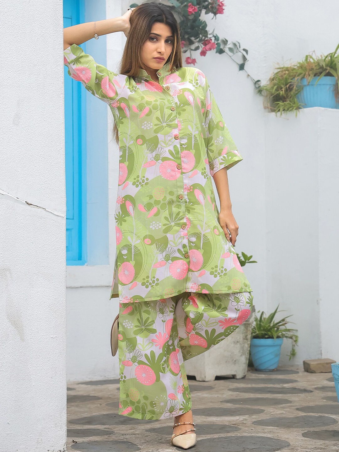 

ODETTE Floral Printed Tunic With Palazzo Co-Ords, Green