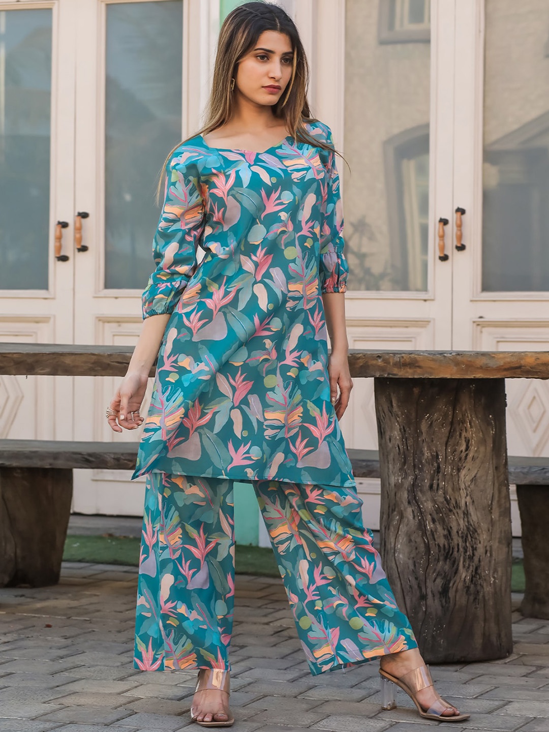 

ODETTE Floral Printed Tunic With Palazzos Co-Ords, Blue
