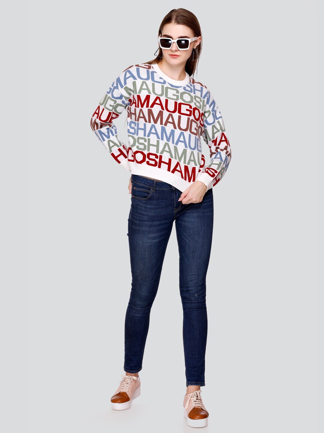 

GOSHA & MAU Typography Printed Woolen Pullover Sweatshirt, White