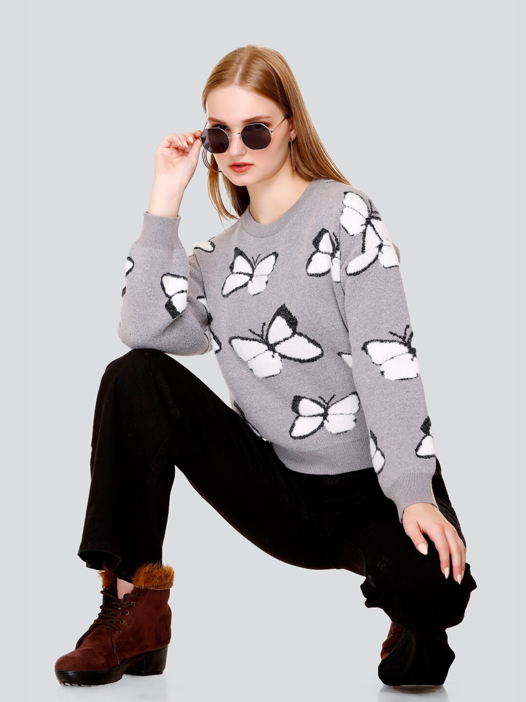 

GOSHA & MAU Self Designed Round neck Woollen Pullover, Grey