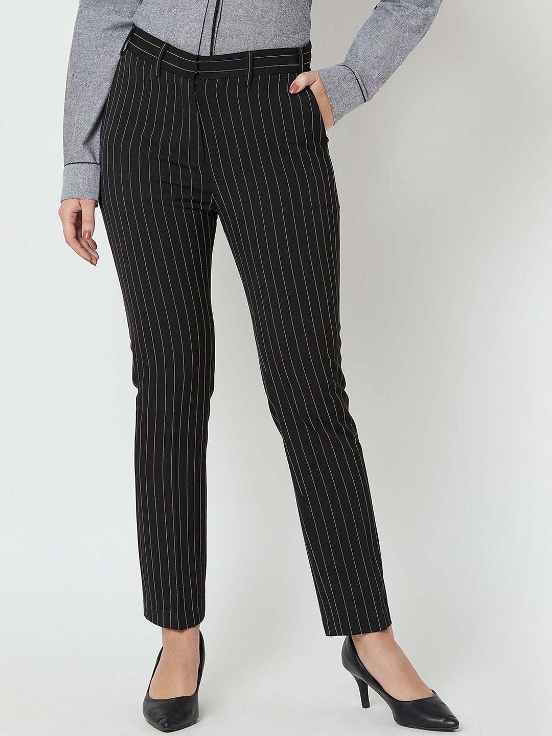 

SALT ATTIRE Women Striped Tailored Slim Fit High-Rise Wrinkle Free Trousers, Black