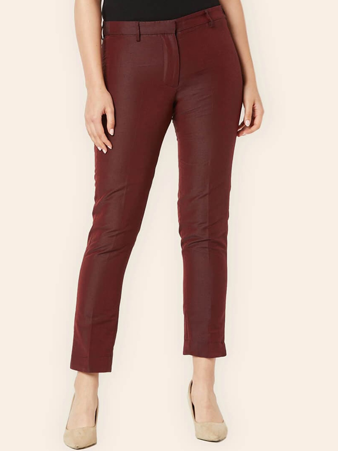 

SALT ATTIRE Women Tailored Slim Fit Wrinkle Free Trousers, Maroon