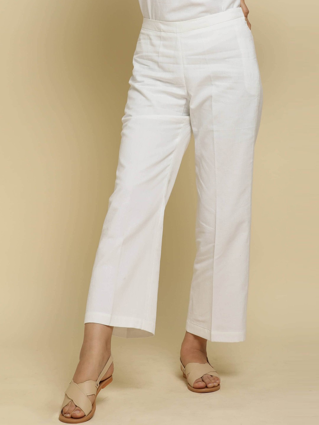 

SALT ATTIRE Women Tailored Slim Fit Linen Wrinkle Free Trouser, White
