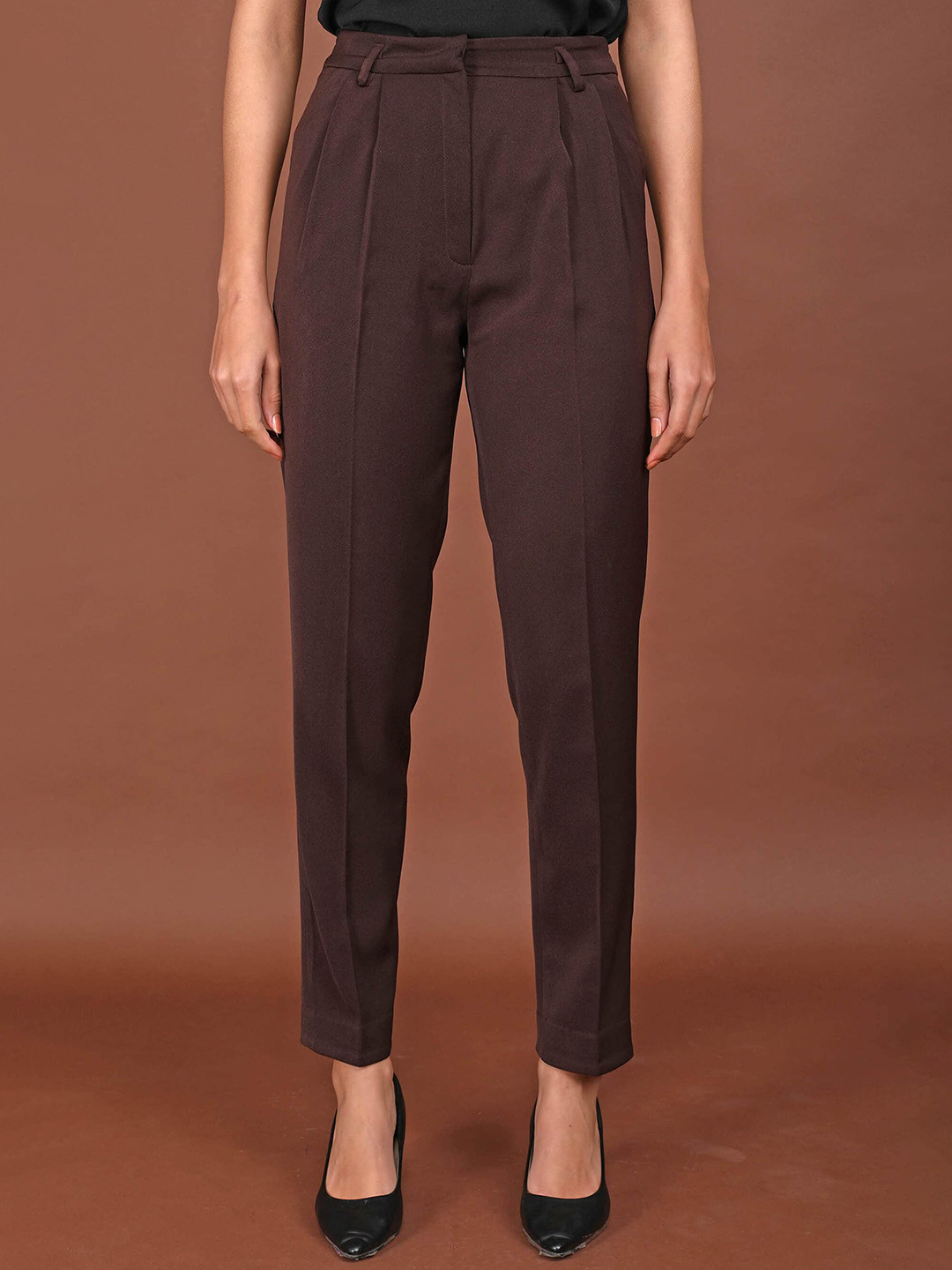 

SALT ATTIRE Women Tailored Slim Fit High-Rise Wrinkle Free Pleated Formal Trouser, Brown