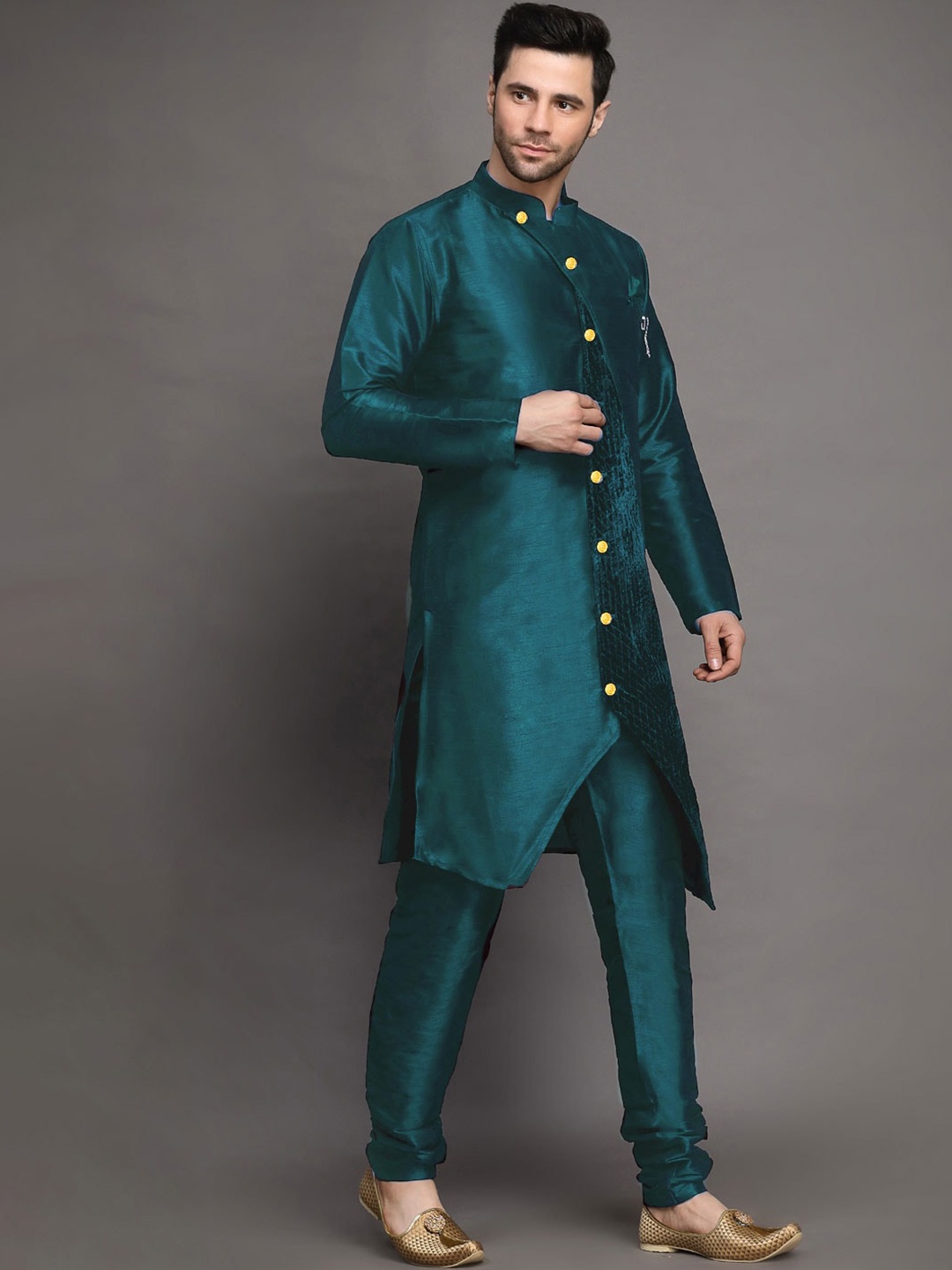Utsav Fashion Mandarin Collar Layered Kurta with Churidar, Teal