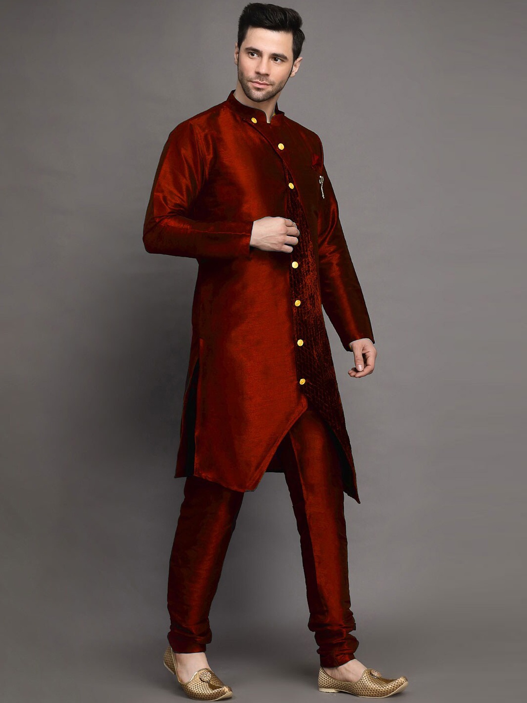 

Utsav Fashion Mandarin Collar Layered Kurta with Churidar, Maroon