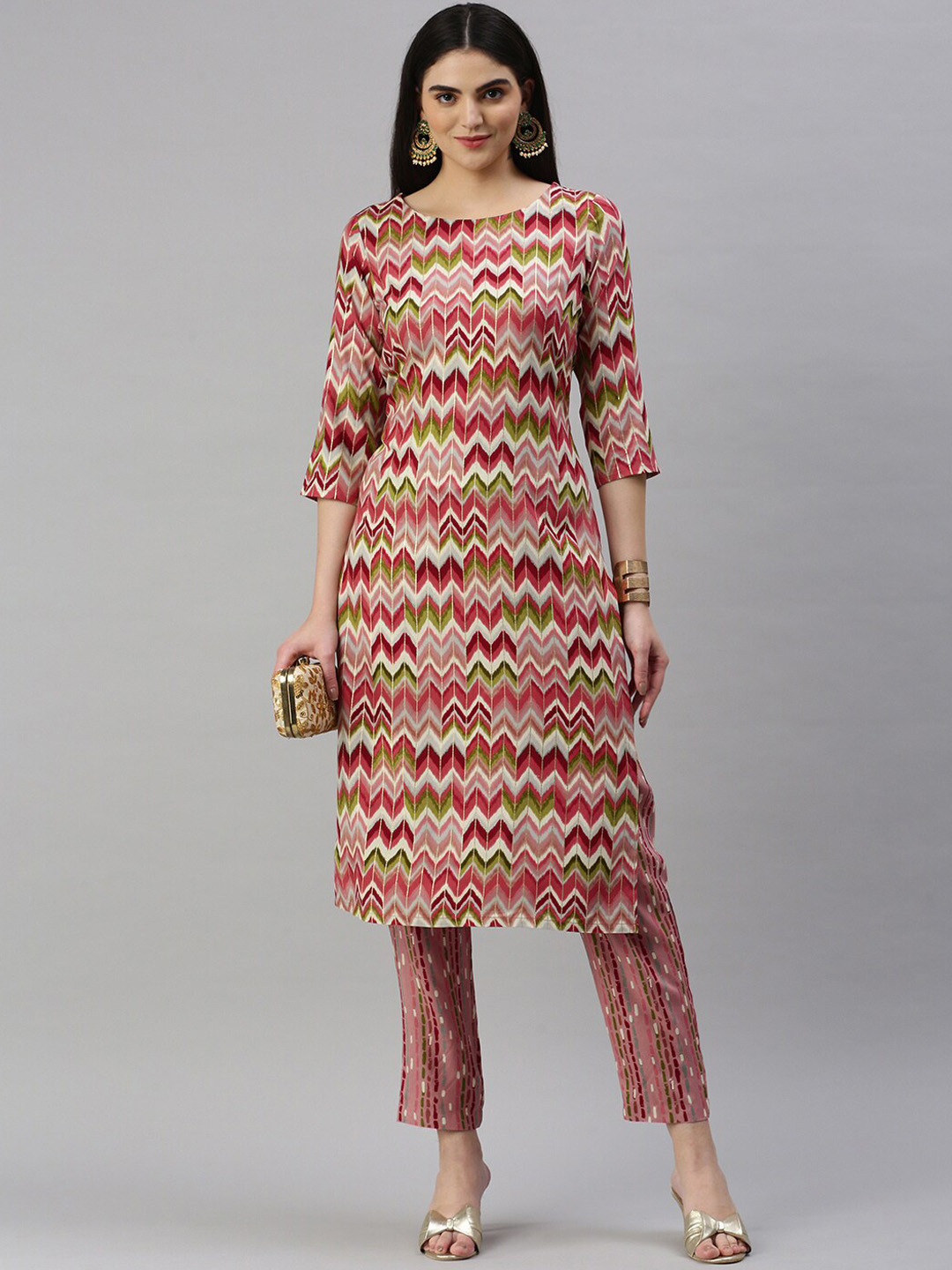 

Shaily Women Round Neck Striped Straight Kurta with Trouser, Peach