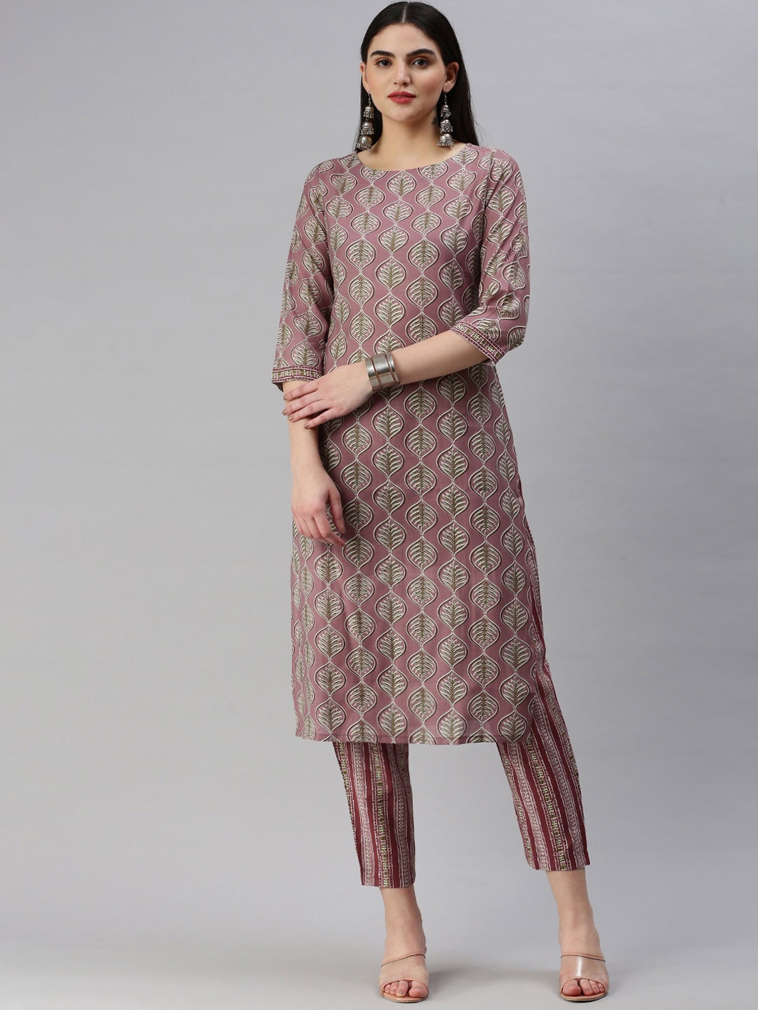 

Shaily Round Neck Ethnic Printed Chanderi Cotton Straight Kurta with Trouser, Lavender