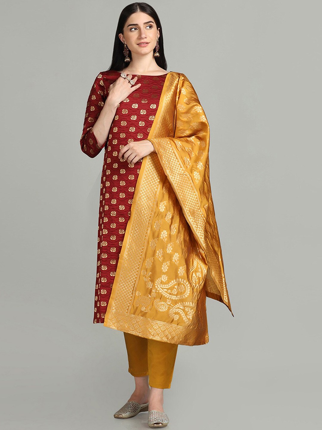 

Shaily Round Neck Regular Woven Design Kurta with Trousers & With Dupatta, Maroon