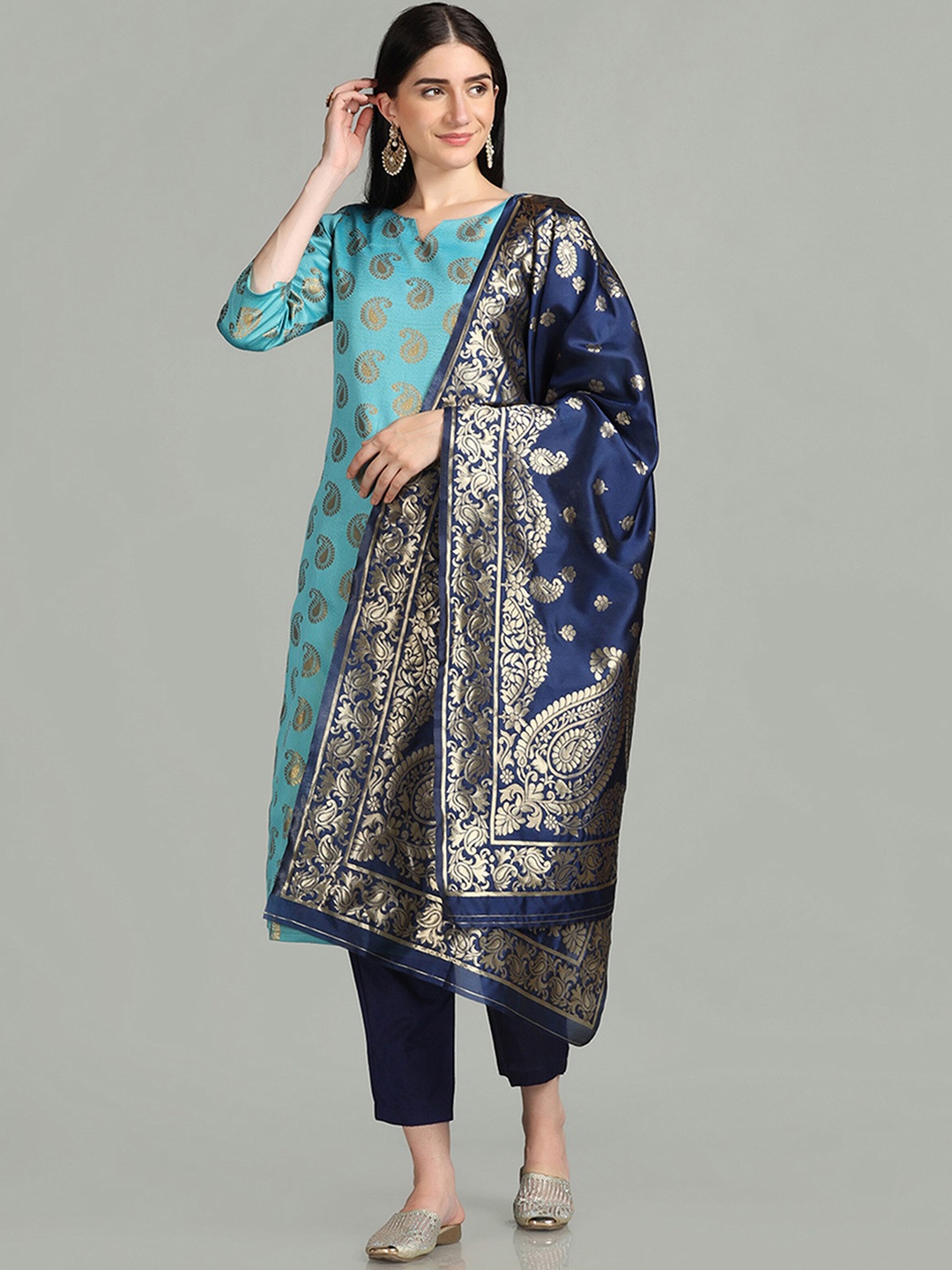 

Shaily Blue & Gold Toned Ethnic Motifs Woven Design Straight Kurta With Trousers & Dupatta