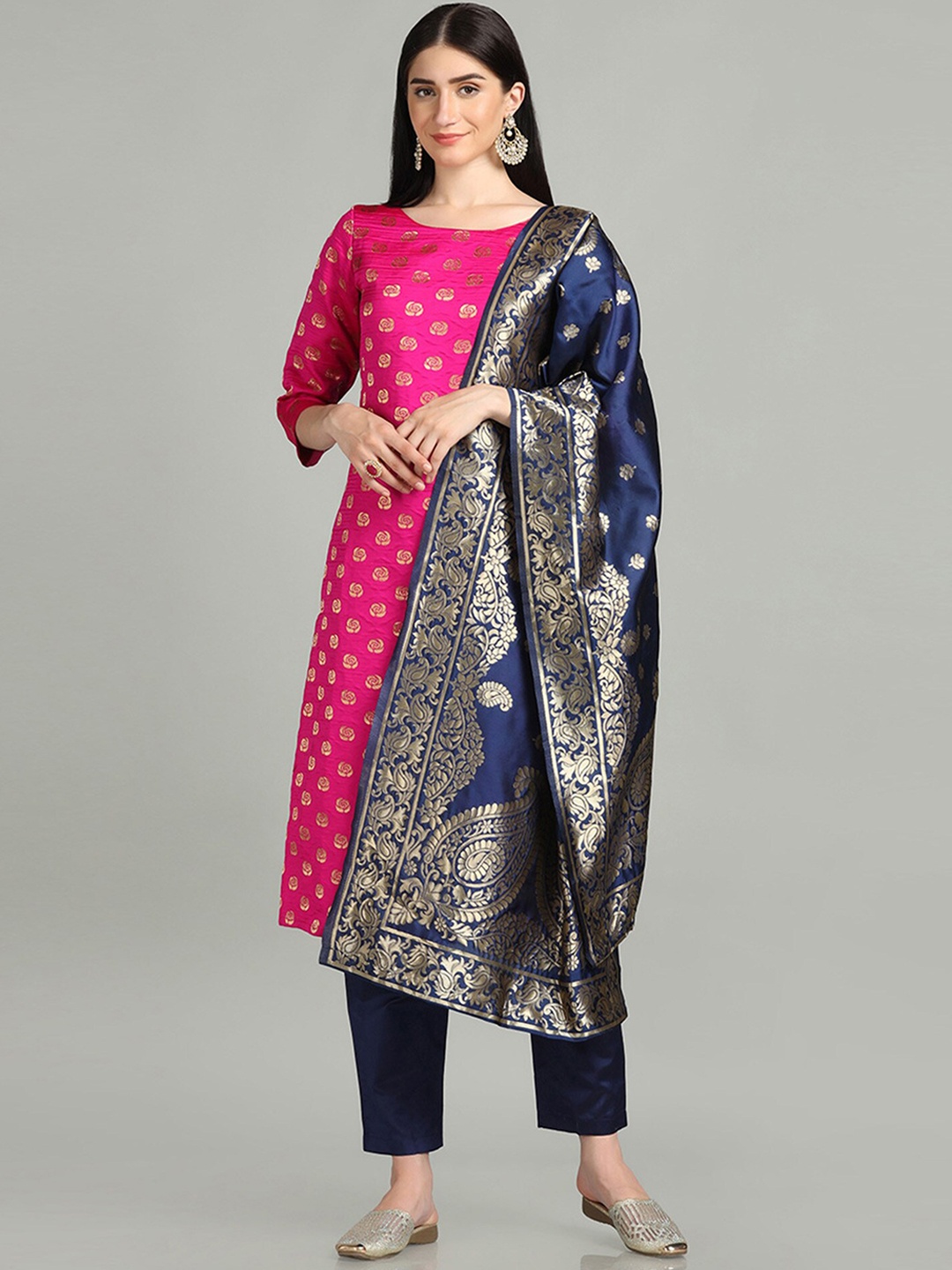 

Shaily Pink & Gold Toned Floral Woven Design Straight Kurta With Trousers & Dupatta