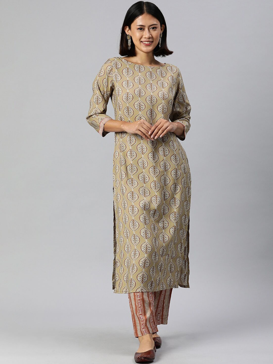 

Shaily Beige Floral Printed Boat Neck Chanderi Cotton Straight Kurta With Trouser