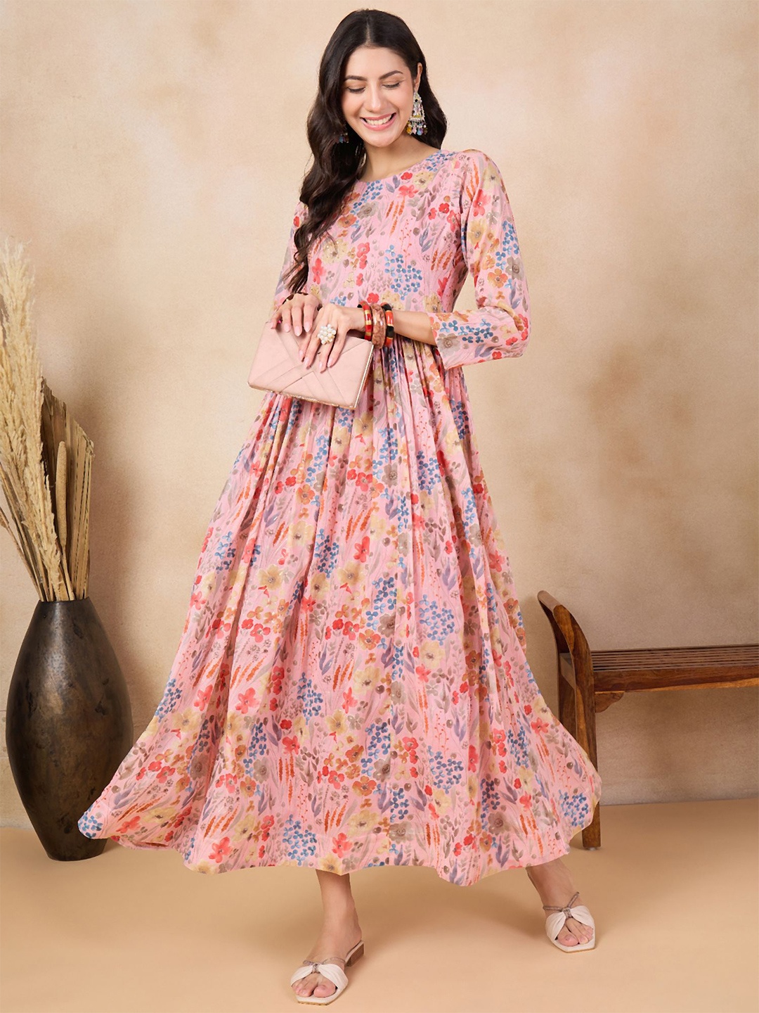 

Anouk Floral Printed Round Neck Gathered or Pleated Cotton Maxi Dress, Peach