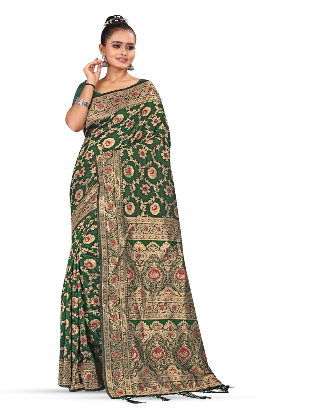 

RANGRASIYA Floral Woven Design Zari Art Silk Banarasi Saree, Green