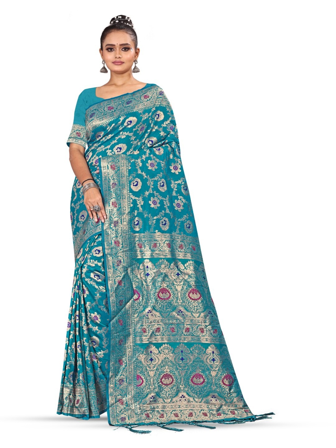 

RANGRASIYA Floral Woven Design Zari Art Silk Banarasi Saree, Turquoise blue