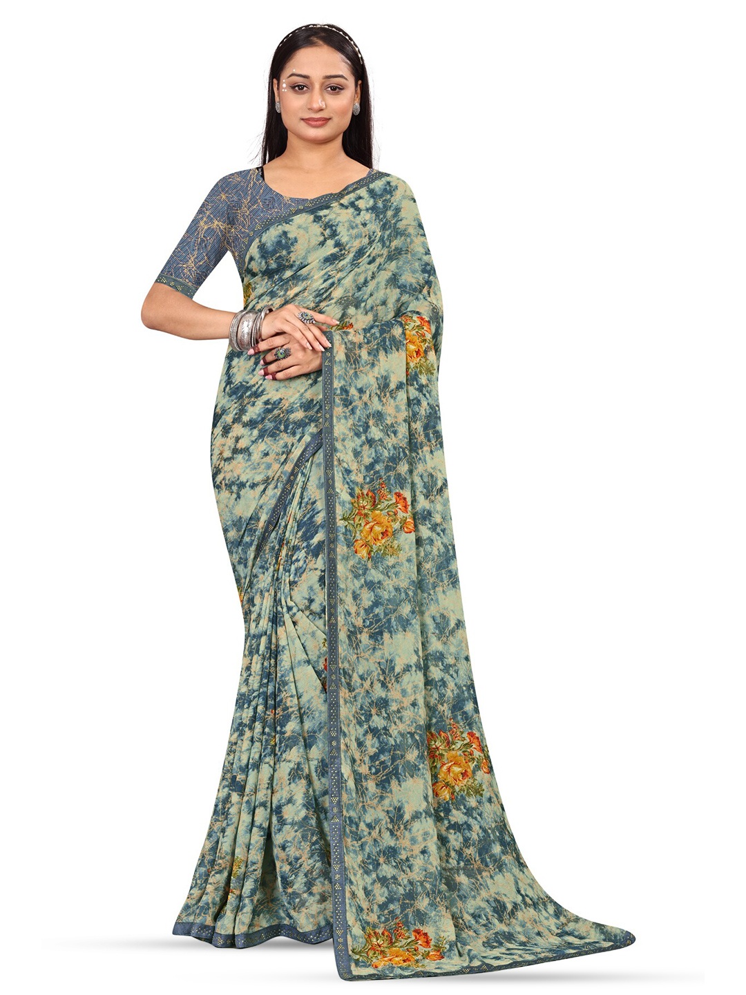

RANGRASIYA Floral Printed Bhagalpuri Saree, Teal