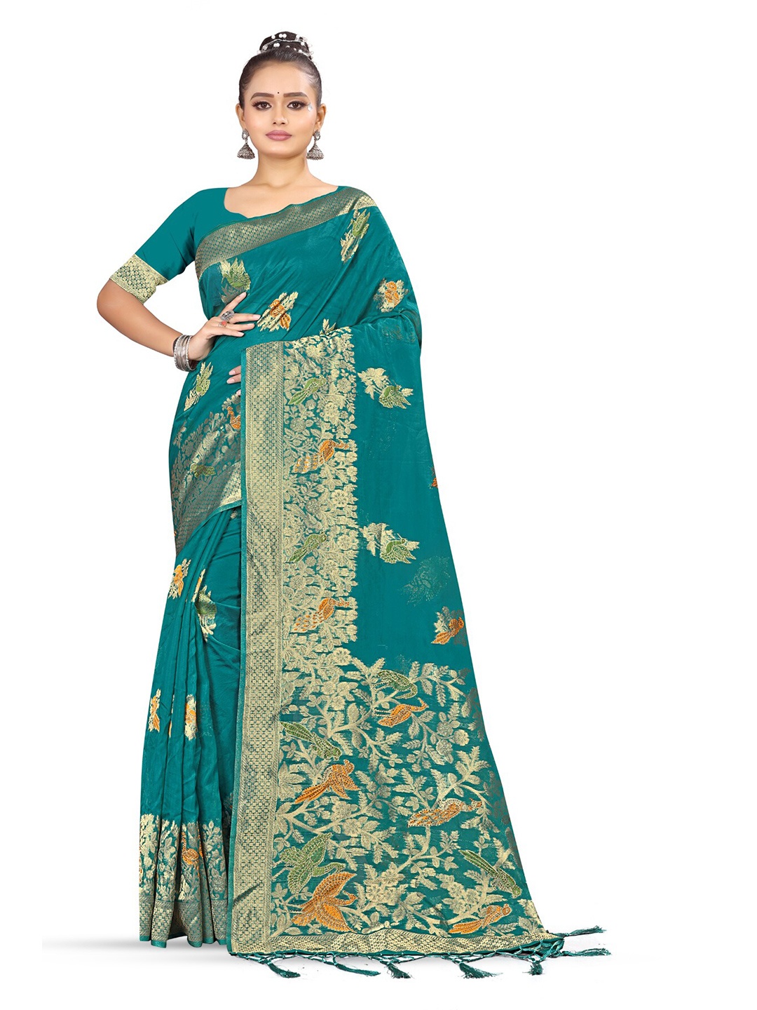 

RANGRASIYA Ethnic Motifs Woven Design Zari Art Silk Banarasi Saree, Green