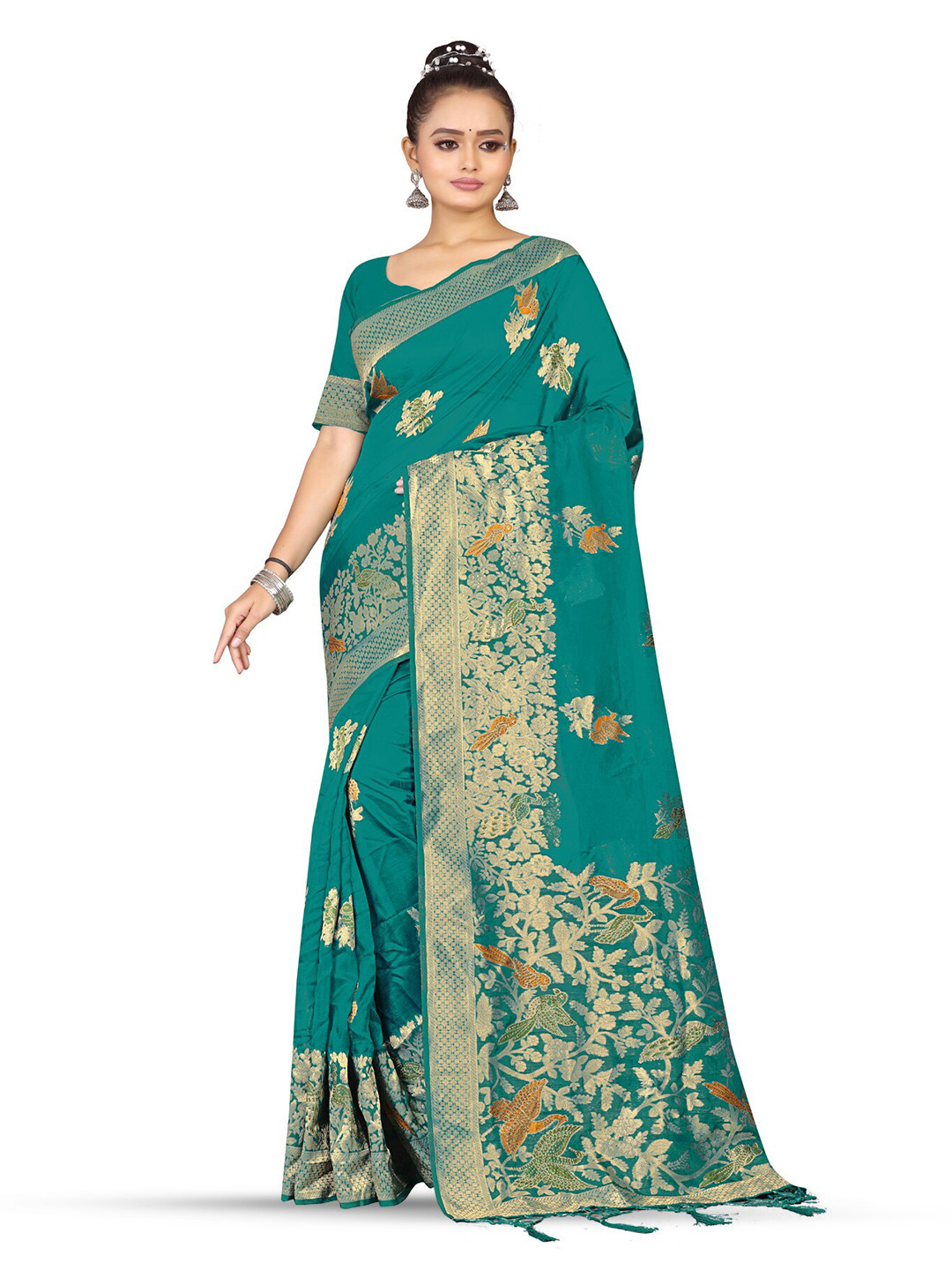

RANGRASIYA Floral Woven Design Zari Art Silk Banarasi Saree, Turquoise blue