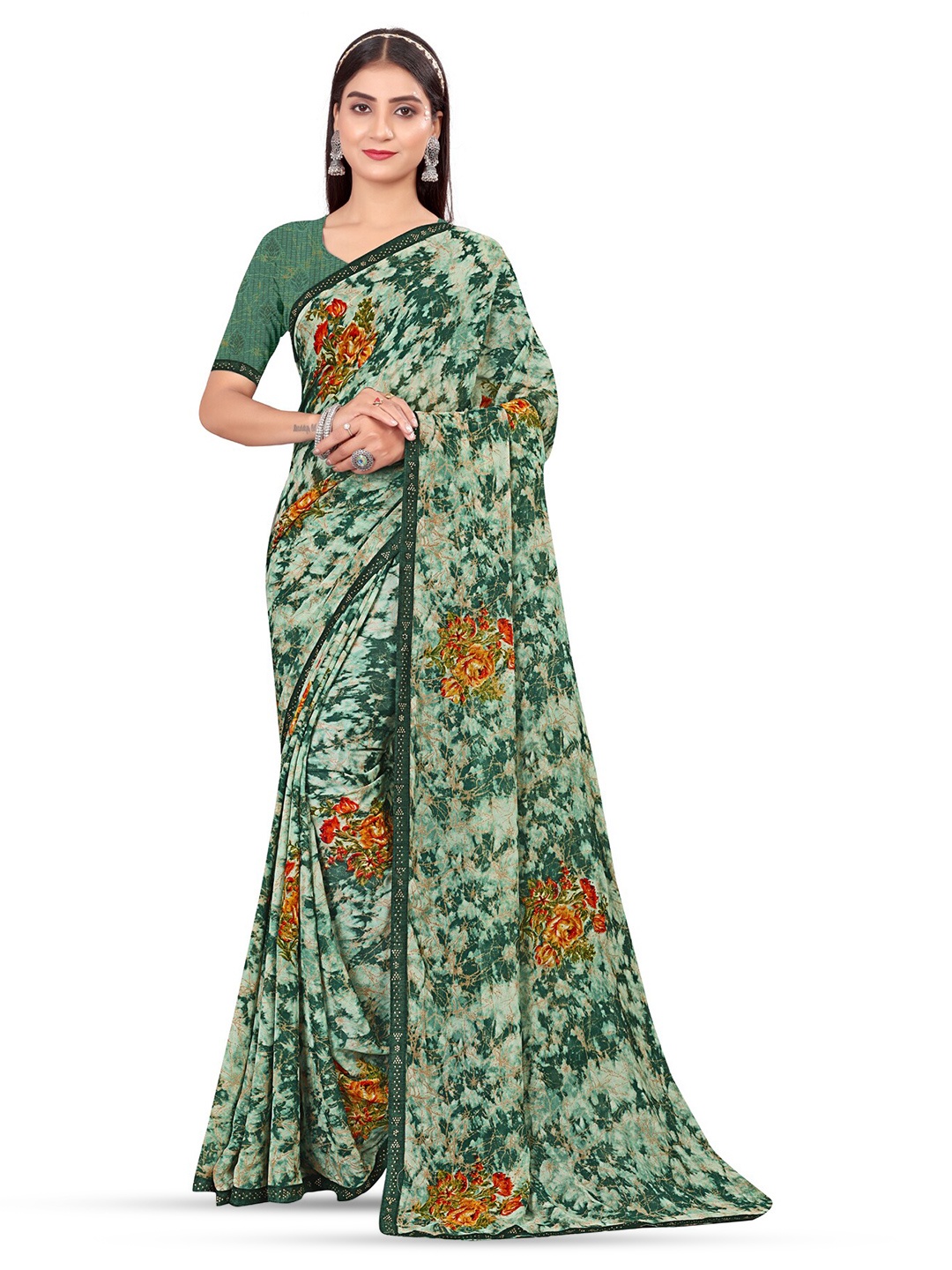 

RANGRASIYA Floral Printed Bhagalpuri Saree, Green