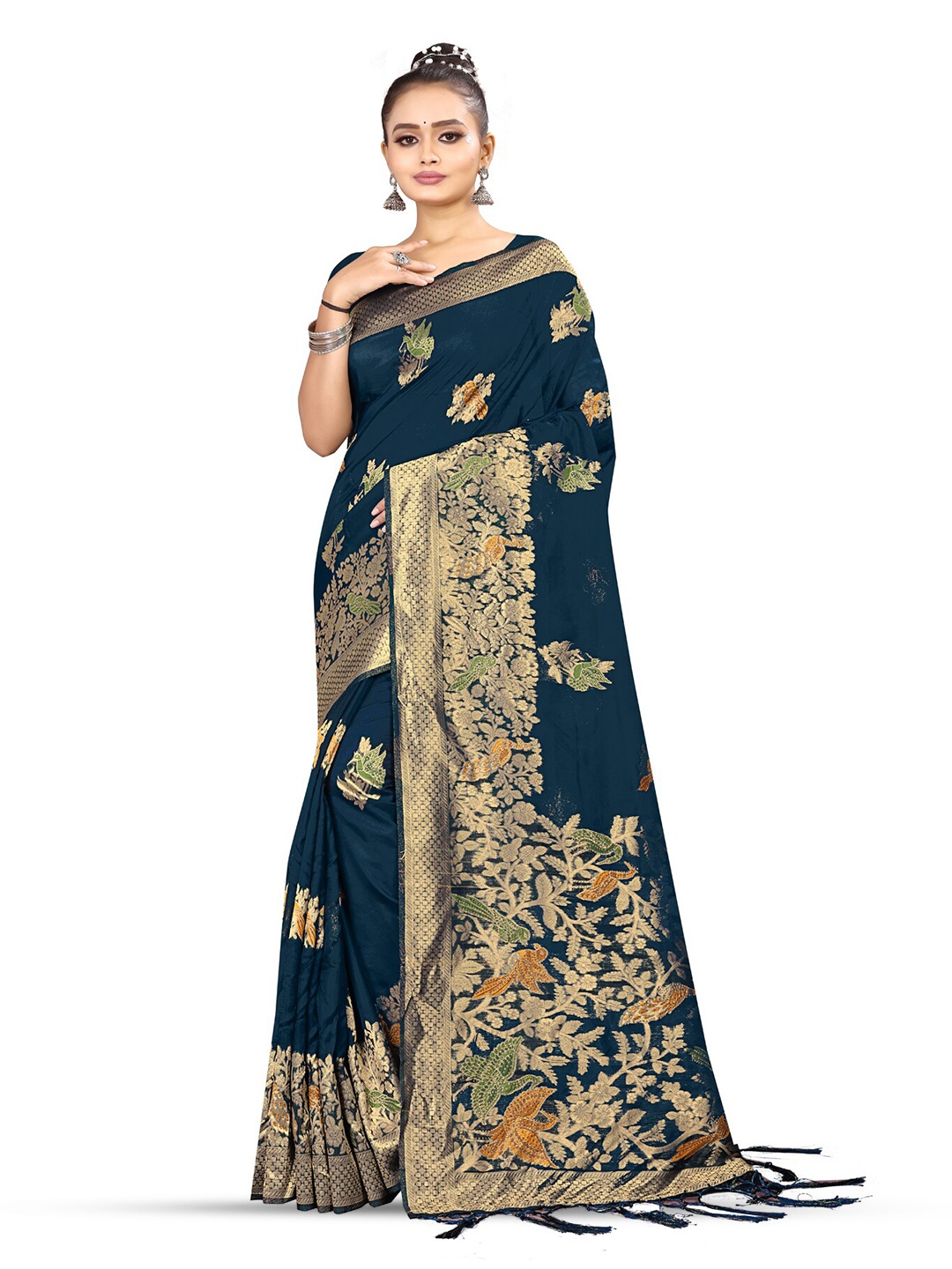 

RANGRASIYA Floral Woven Design Zari Art Silk Banarasi Saree, Teal