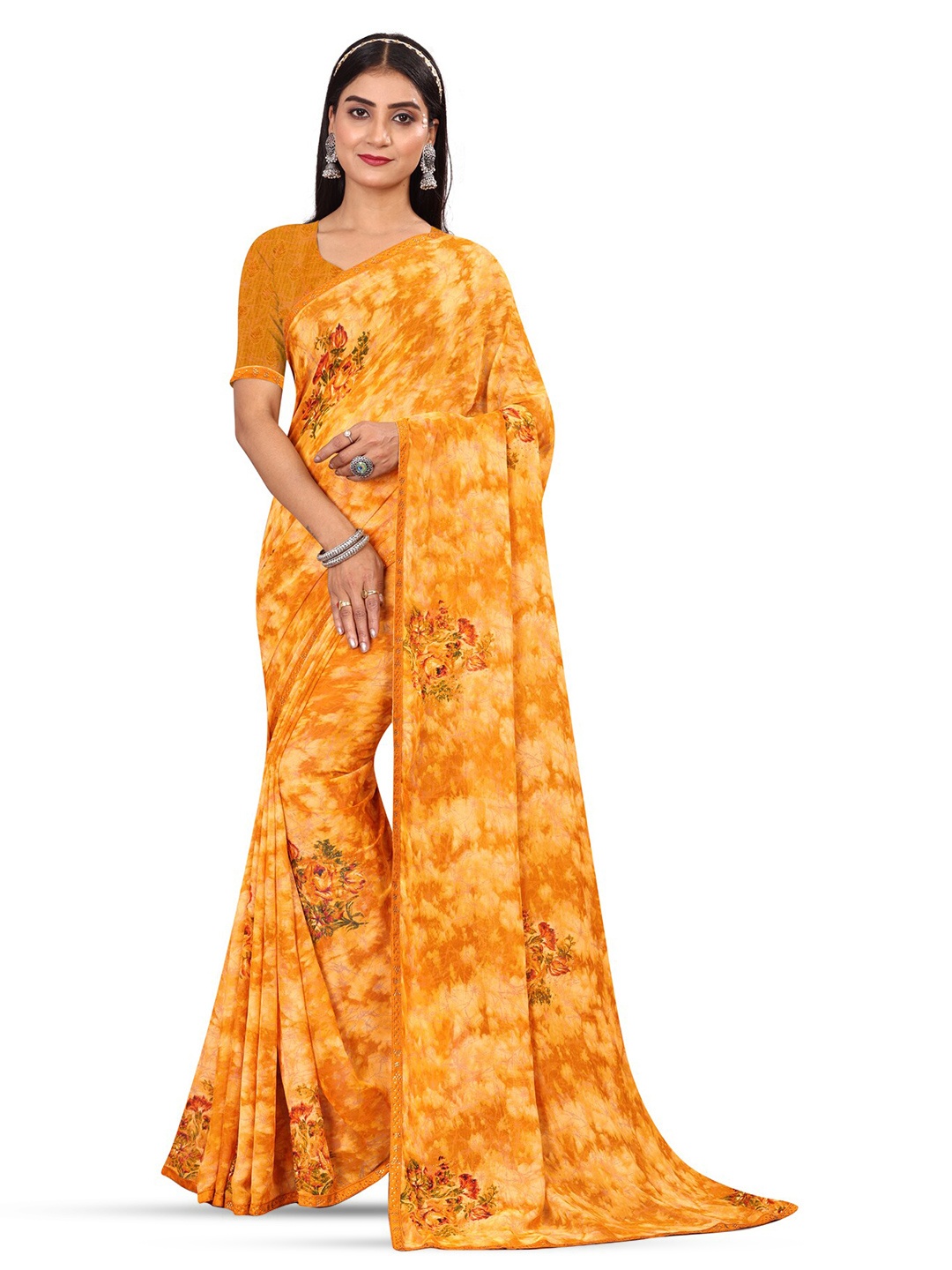 

RANGRASIYA Floral Printed Bhagalpuri Saree, Yellow