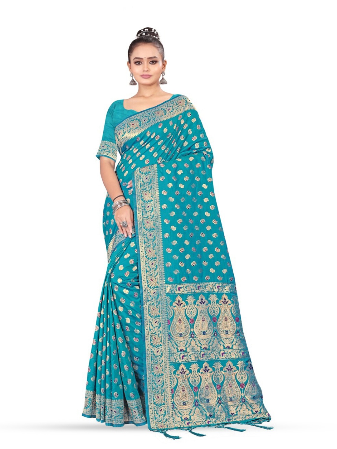 

RANGRASIYA Ethnic Motifs Woven Design Zari Art Silk Banarasi Saree, Turquoise blue