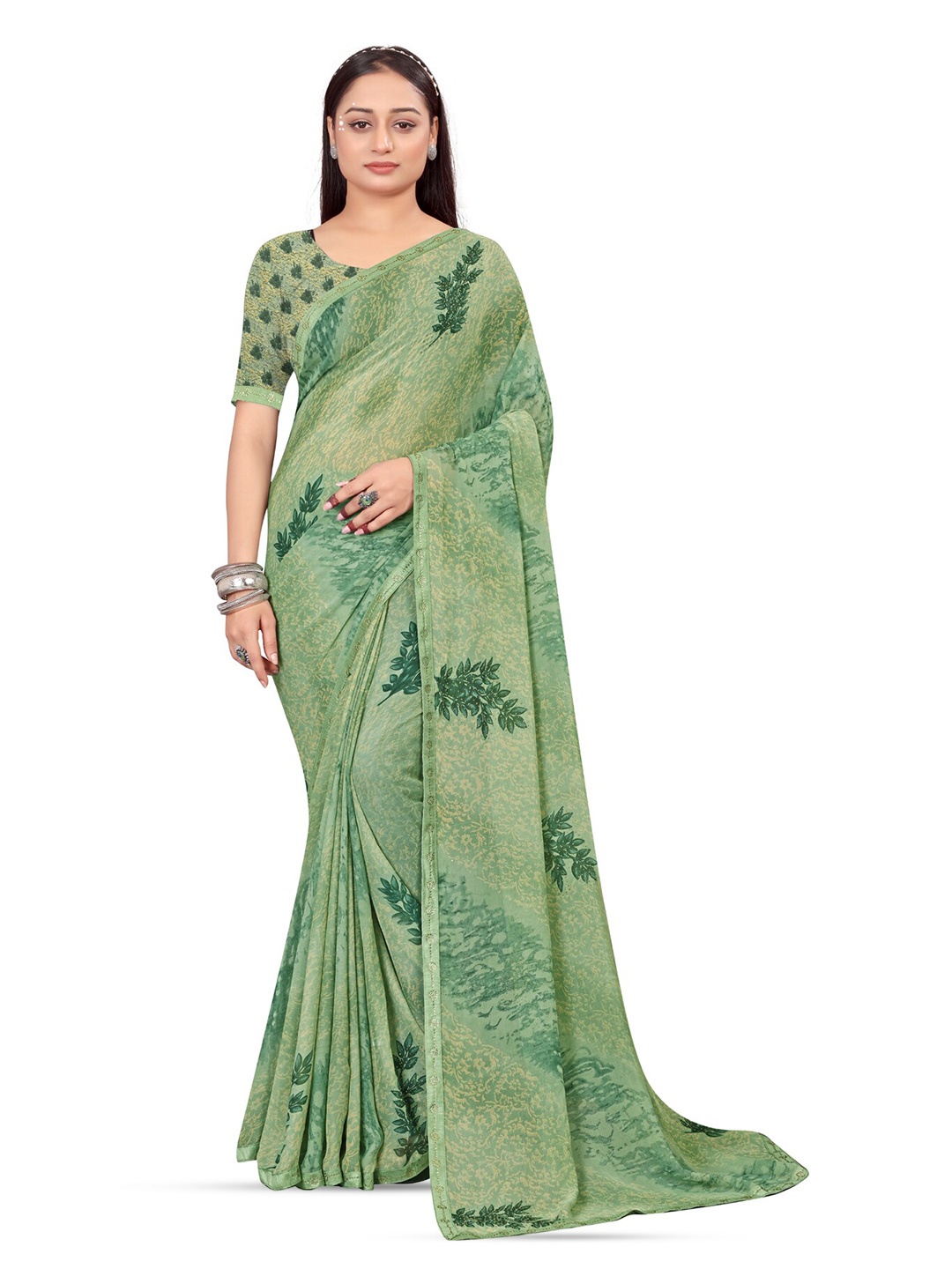 

RANGRASIYA Floral Printed Bhagalpuri Saree, Green