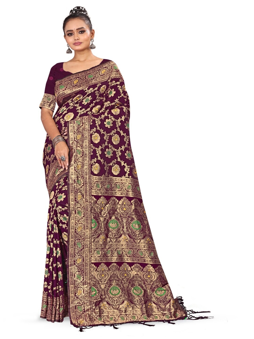 

RANGRASIYA Floral Woven Design Zari Art Silk Banarasi Saree, Purple