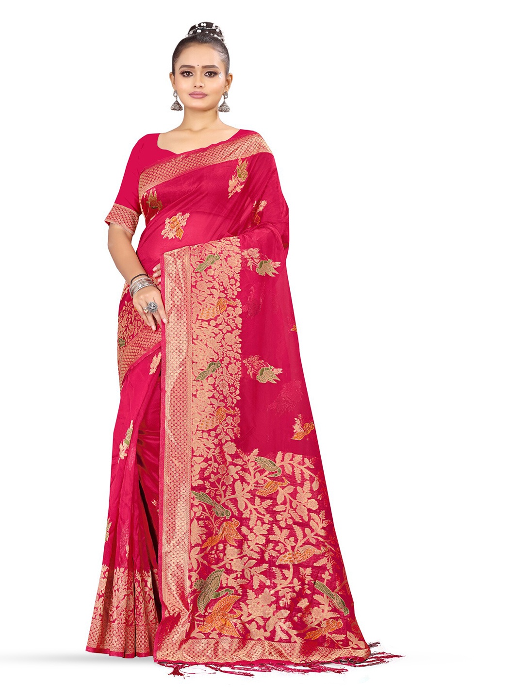 

RANGRASIYA Floral Woven Design Zari Art Silk Banarasi Saree, Pink