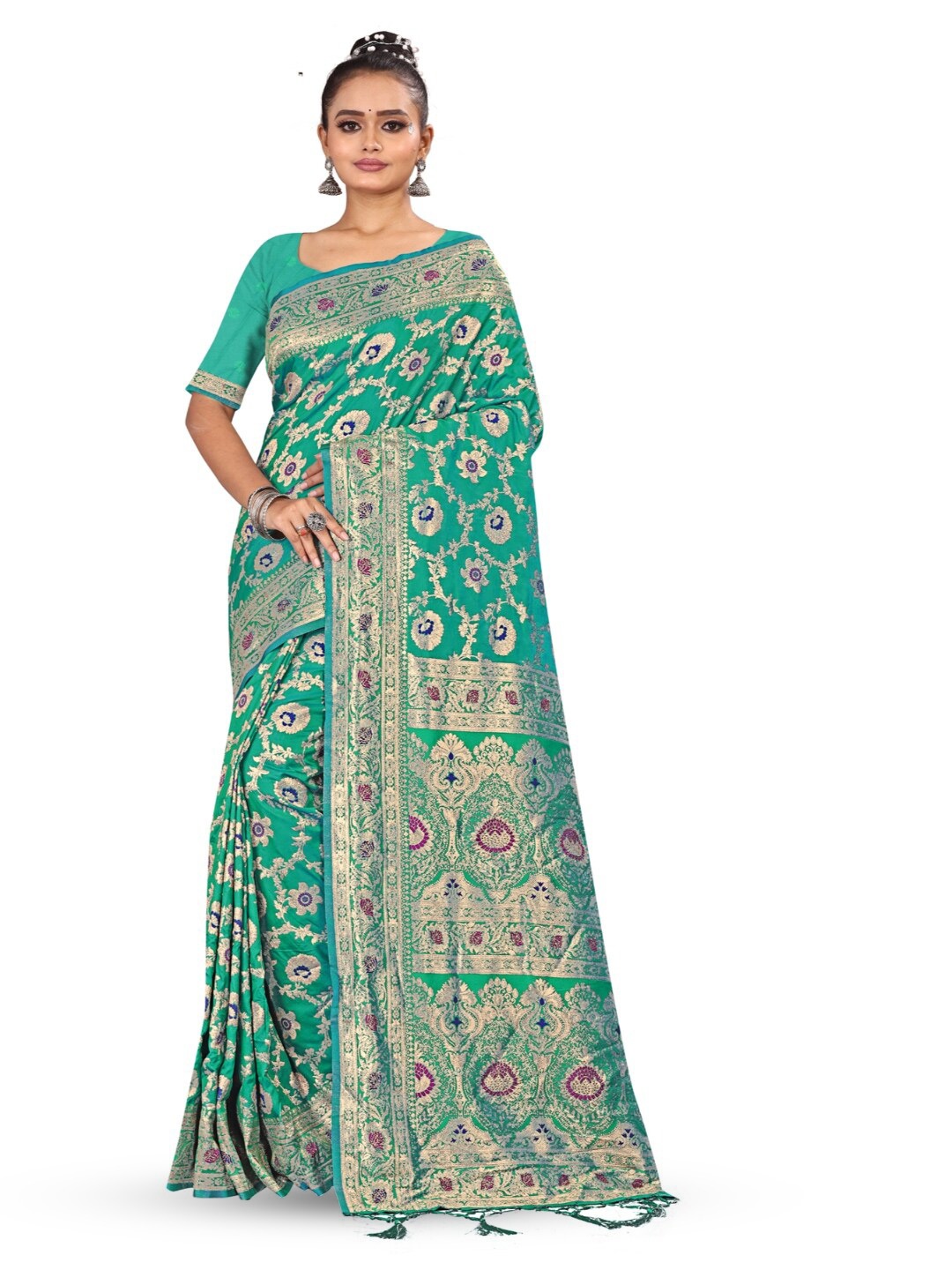 

RANGRASIYA Floral Woven Design Zari Art Silk Banarasi Saree, Blue