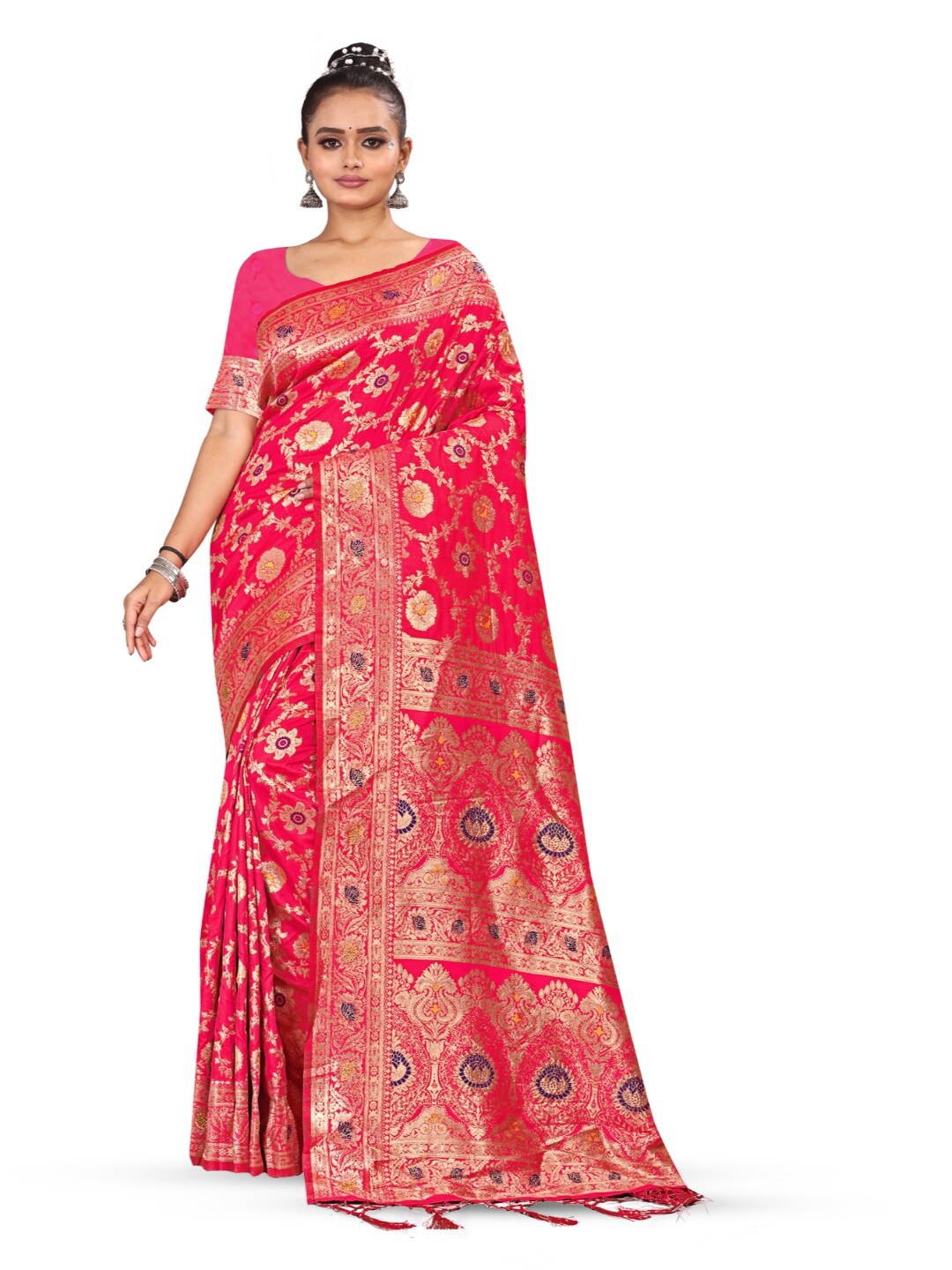 

RANGRASIYA Floral Woven Design Zari Art Silk Banarasi Saree, Pink