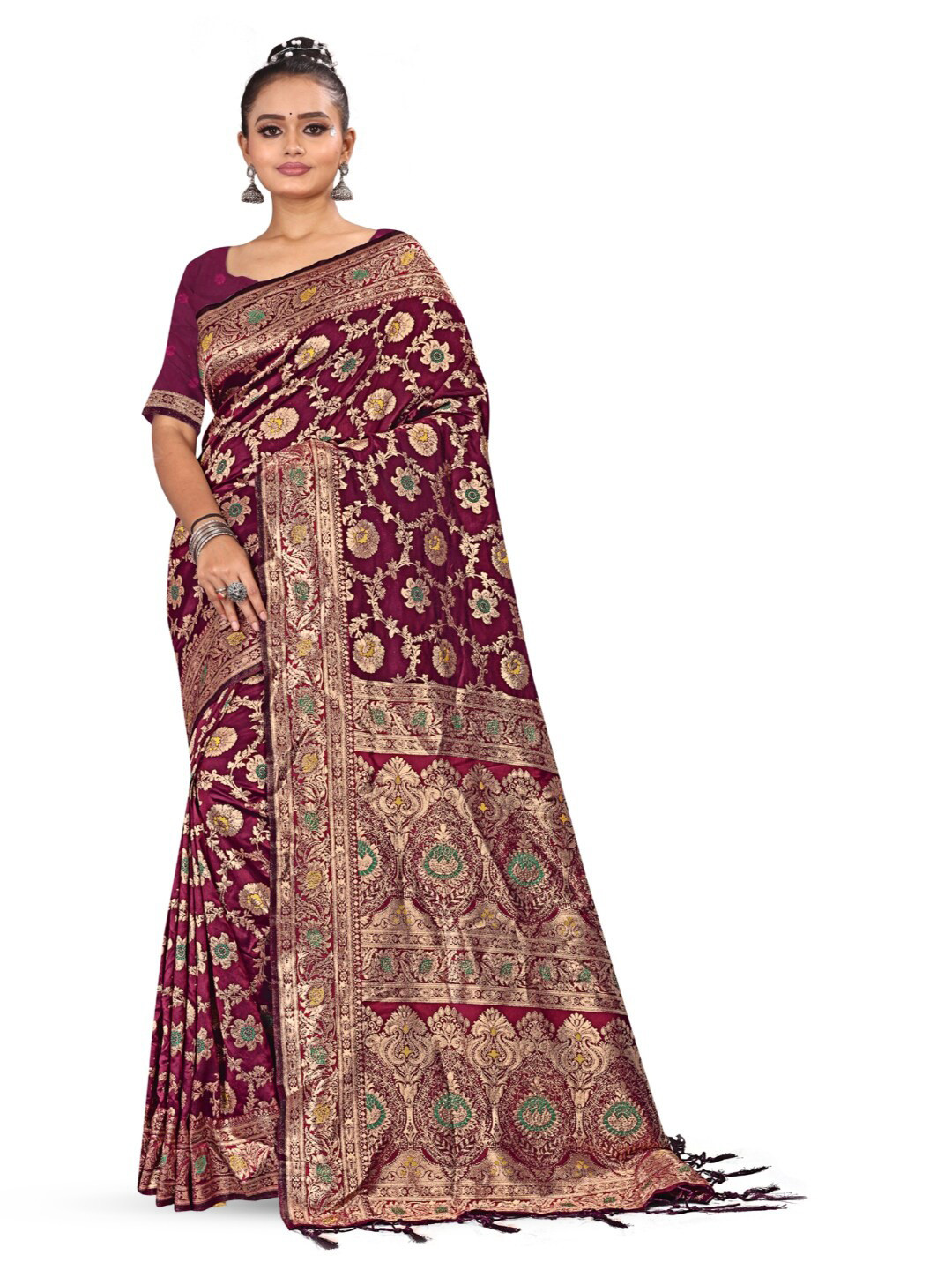 

RANGRASIYA Floral Woven Design Zari Art Silk Banarasi Saree, Magenta