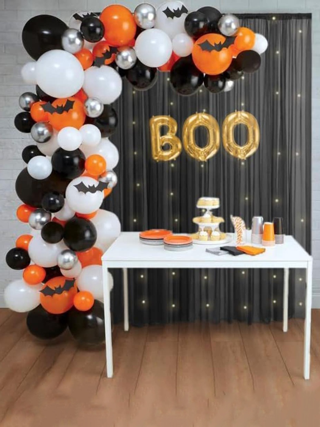 

Special You Black & Orange 75 Pieces Balloons & Boo Foil Balloon with Curtain Decor