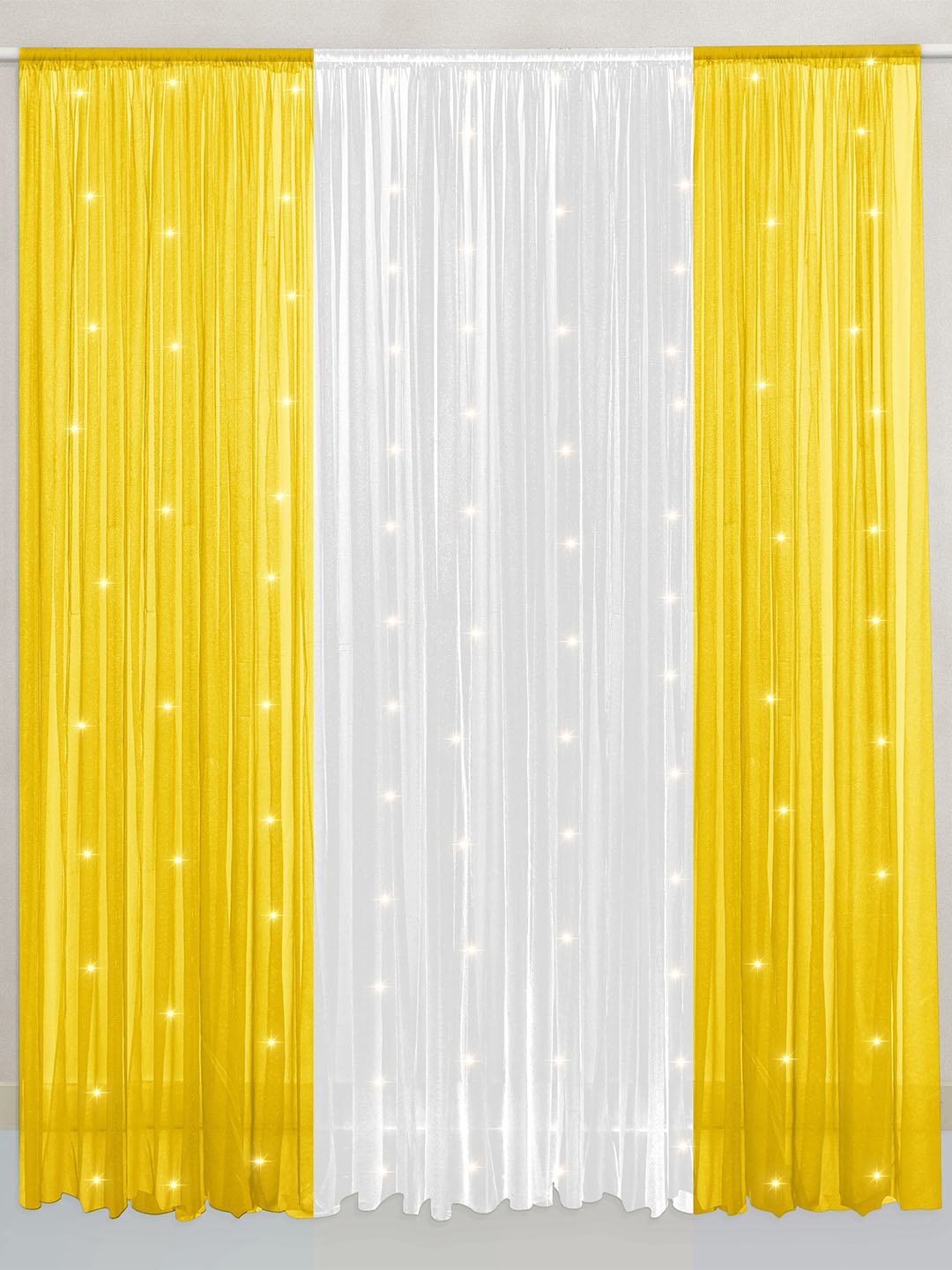 Special You 9-pcs Yellow & White Net Curtain & Fairy Light Backdrop Decoration