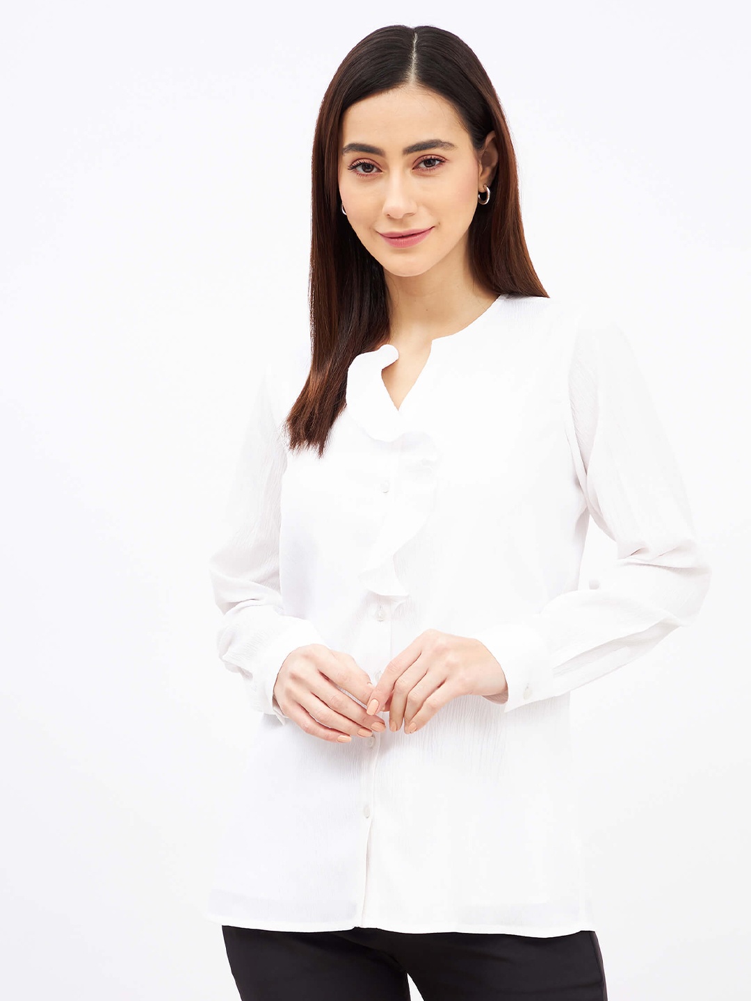 

SALT ATTIRE Mandarin Collar Opaque Formal Shirt, White