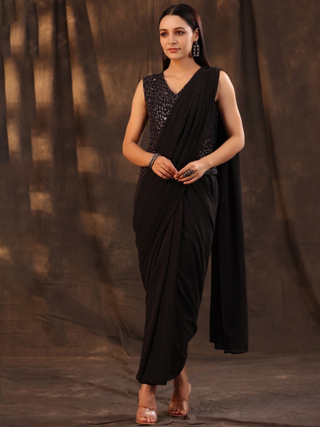 

Juniper Sequinned Pure Georgette Ready to Wear Saree, Black