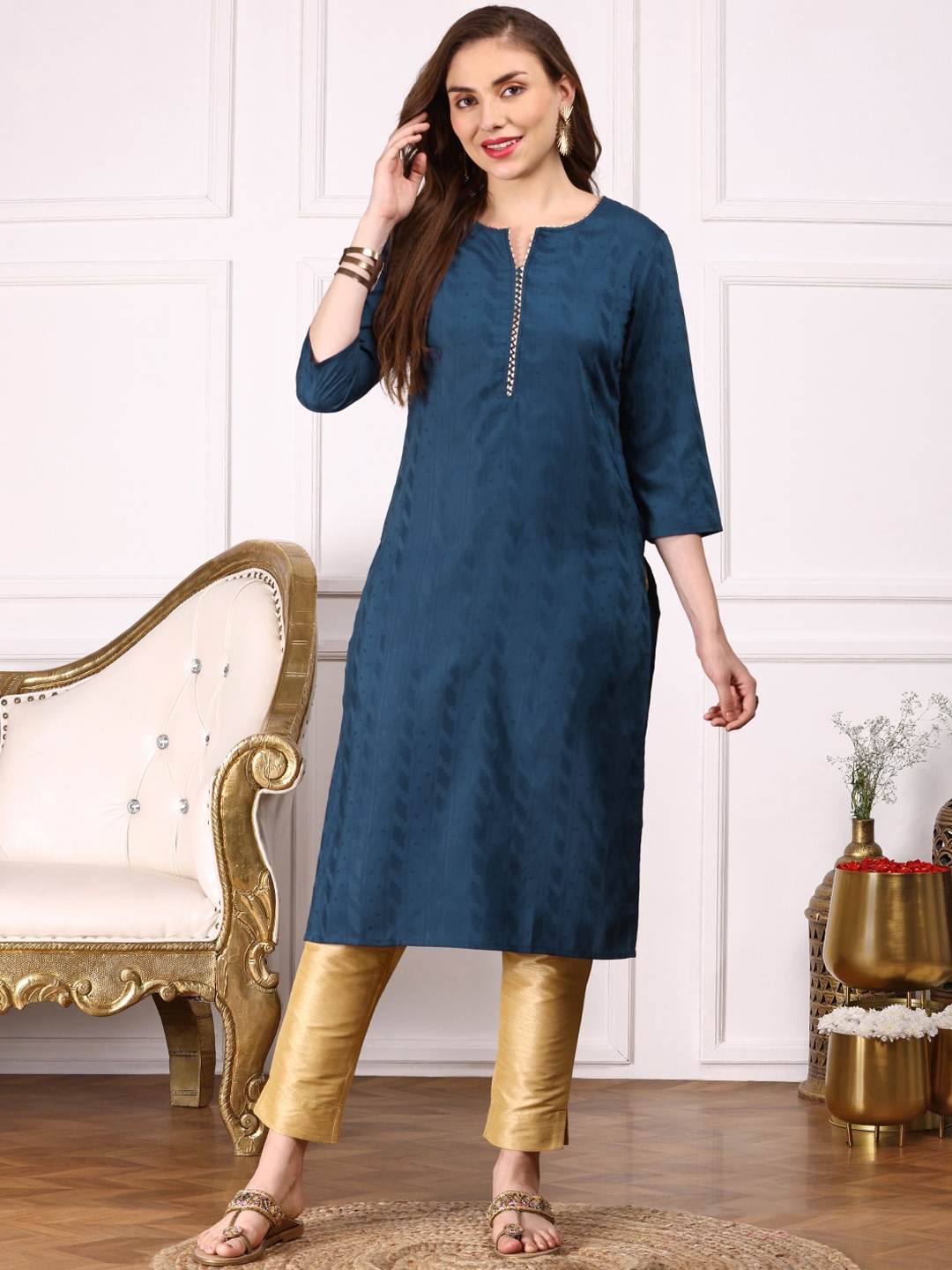 Ishin Geometric Woven Design Cotton Straight Kurta