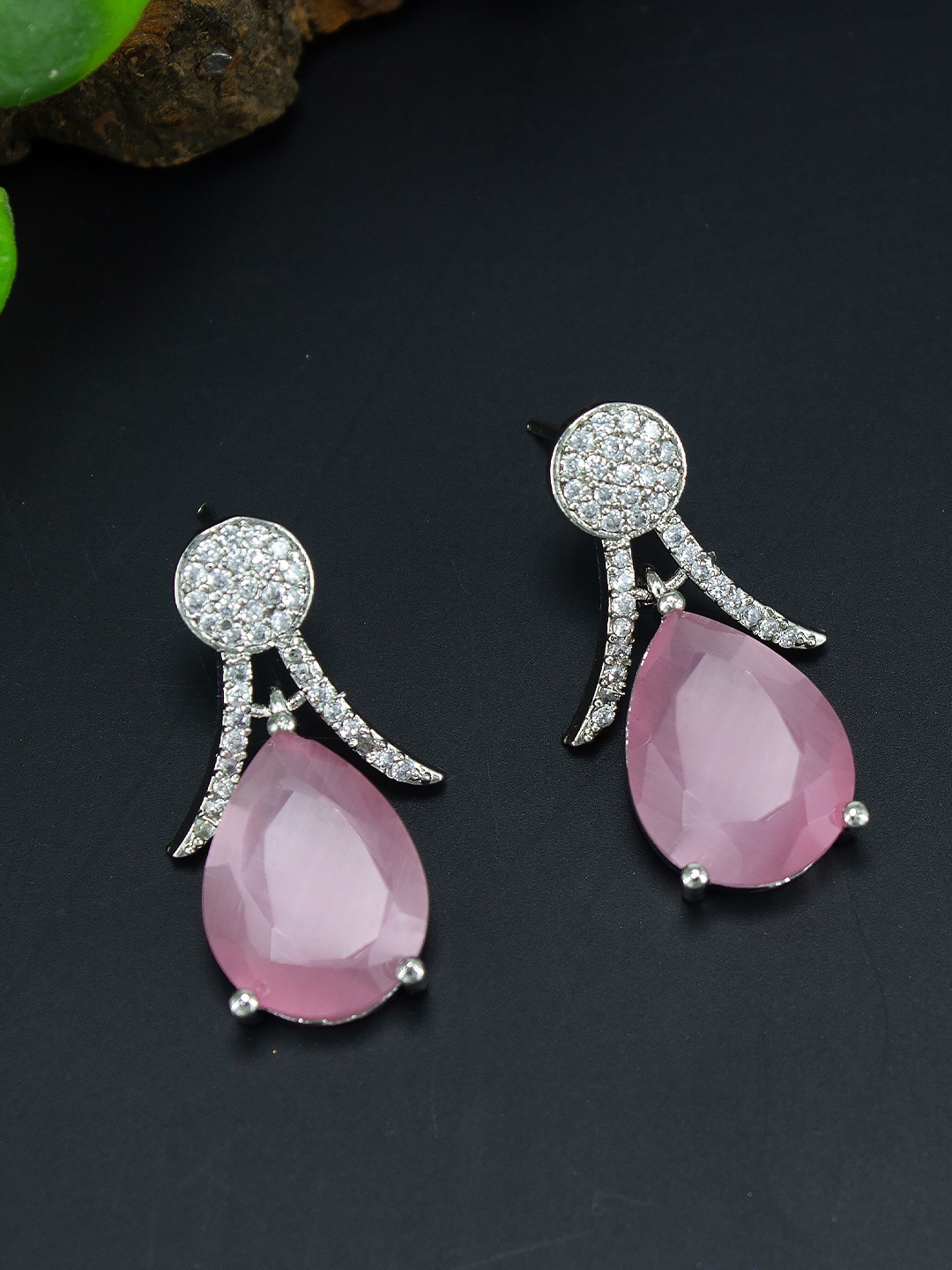 

PRIVIU Rhodium Plated Teardrop Shaped AD Studded Drop Earrings, Pink