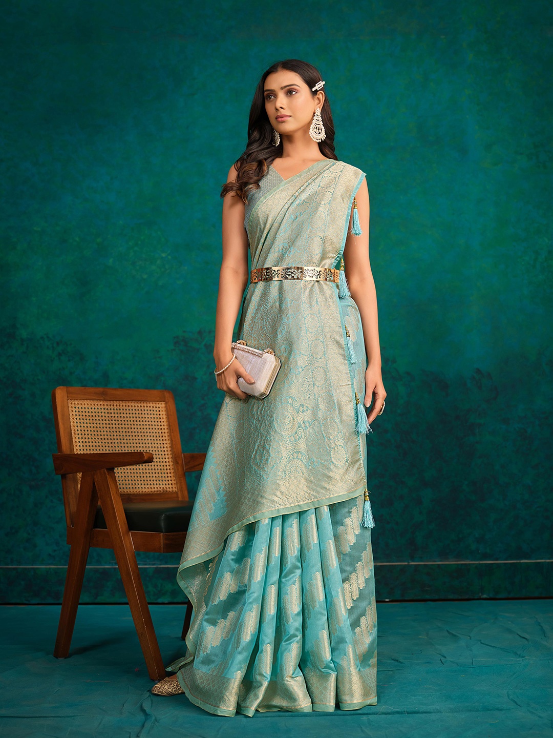 

Sangria Ethnic Motifs Woven Design Zari Banarasi Saree, Blue