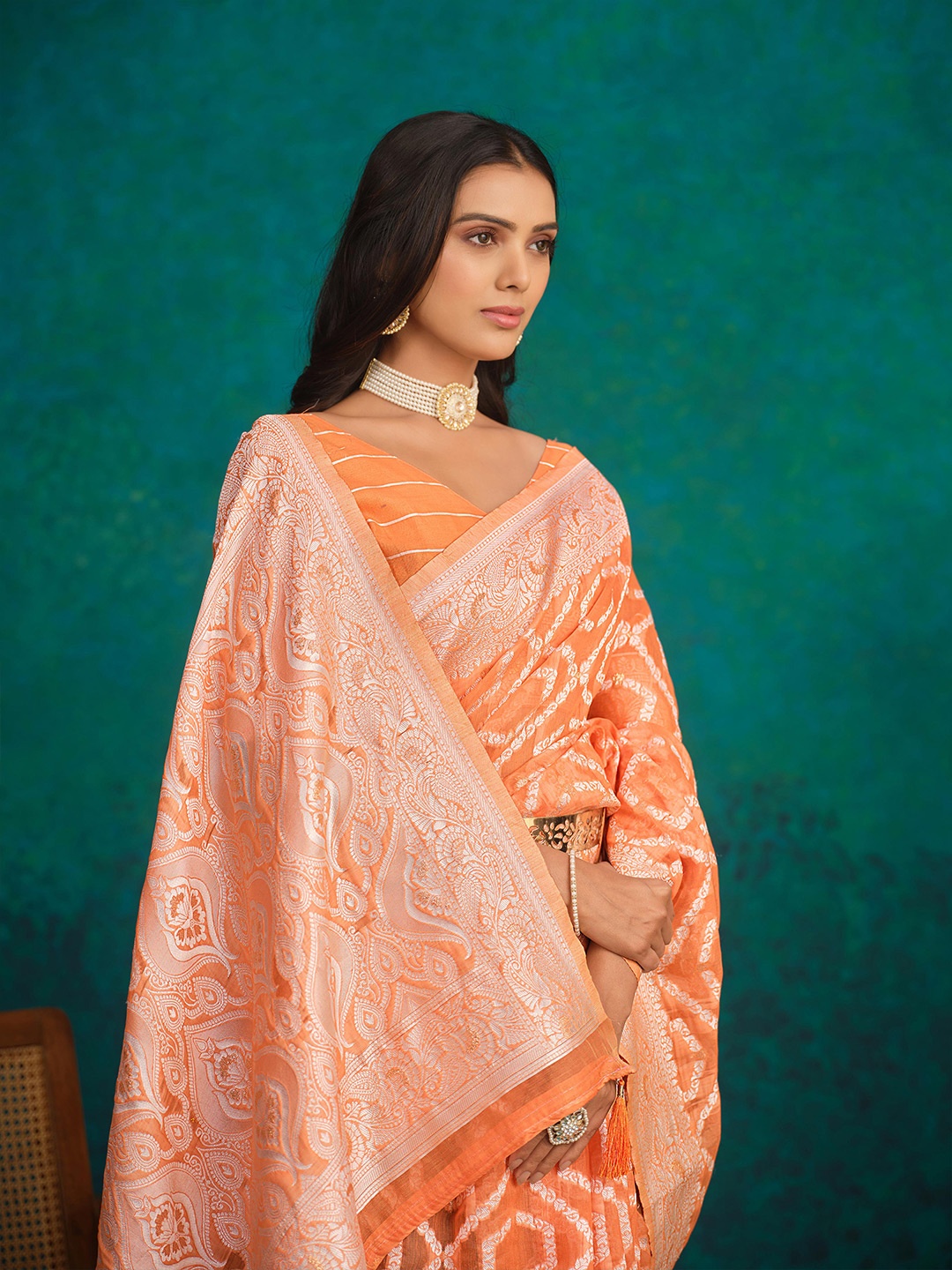 

Sangria Ethnic Motifs Woven Design Zari Banarasi Saree, Orange
