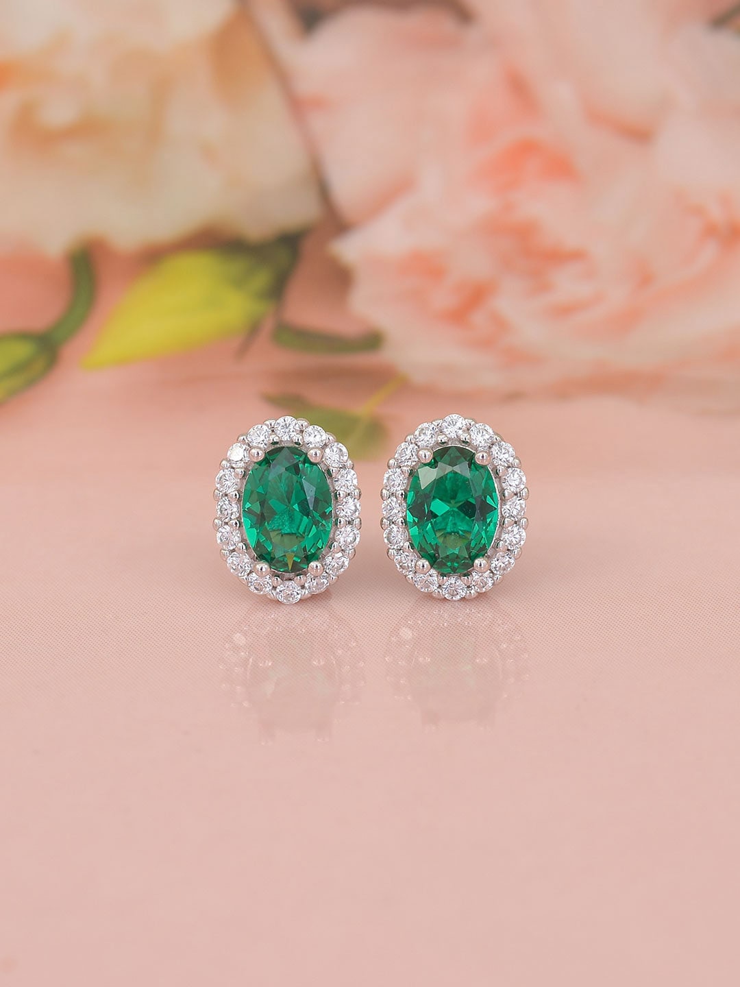 

Ornate Jewels Rhodium-Plated Oval Studs Earrings, Green
